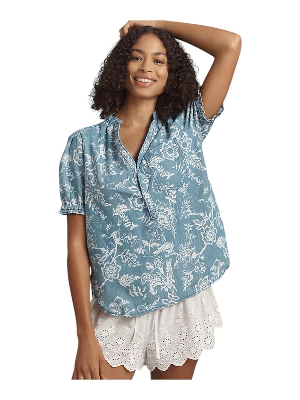 Pilcro Anthropologie The Aly Puff-Sleeve 100% Cotton Blouse Size Large
